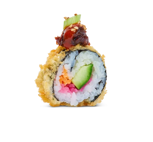Fried Yakiniku Roll – en omvandlad klassiker i en maki som möter friterat. Yakiniku kombinerat med krispig gurka, morötter och inlagd rödlök.