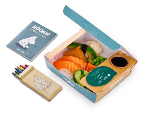 Yama Kids Sushi - barnmeny med sushi där du väljer bitarna. Yama Kids är en måltid anpassad för Sushi Yamas yngsta gäster med kreativt pyssel som introducerar barnen för mumintrollens magiska värld.