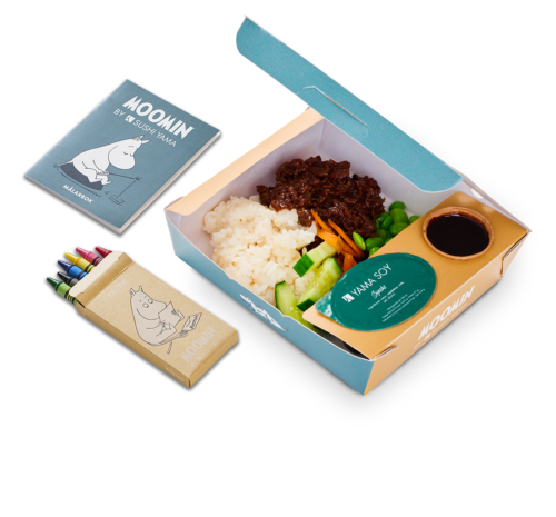 Yama Kids Yakiniku - barnmeny med yakiniku och ris. Yama Kids är en måltid anpassad för Sushi Yamas yngsta gäster med kreativt pyssel som introducerar barnen för mumintrollens magiska värld.