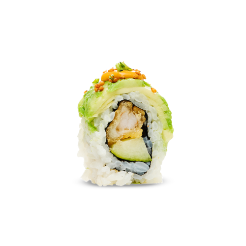 Yari Tempura Dragon på Sushi Yama. Tempuraräka och krispig gurka – toppad med avokado, chilimayo och kimchisesamfrön. Läckert och gott!