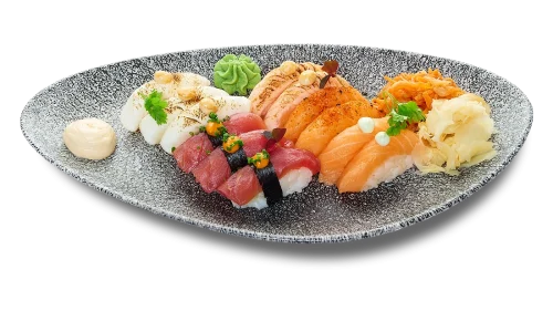 sensei nigiris, hälleflundra, lax, flamberad lax och tonfisk