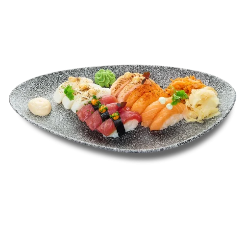 sensei nigiris, hälleflundra, lax, flamberad lax och tonfisk