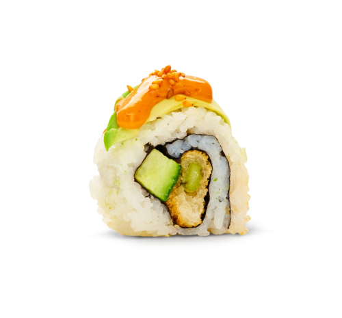 Tempura Asparagus Dragon – Tempura Asparagus, vår egna veganska twist av sparris som friteras med tempura och panko, rullad med krispig gurka – toppad med avokado-skivor, Vegan Kimchi Mayo och kimchisesamfrön. Läckert och gott!