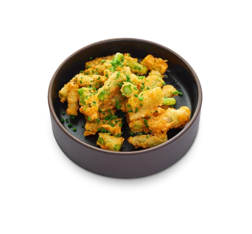 Pop Up Your Day - Magiskt goda Tempura Asparagus, hackade och blandade med vår egna Vegan Kimchi Mayo.