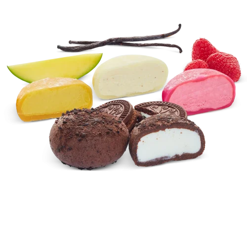 Mochi Ice Cream i olika smaker. Läcker mochiglass som kommer i smakerna vanilj, hallon, mango och cookie bites!