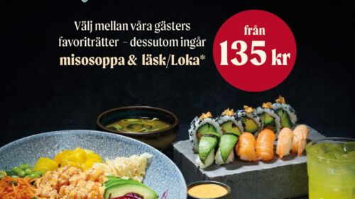 Yama Lunch - ett stort urval av prisreducerade favoriträtter tillsammans med misosoppa och valfri läsk/loka, smarrigt gott från 135 kr!
