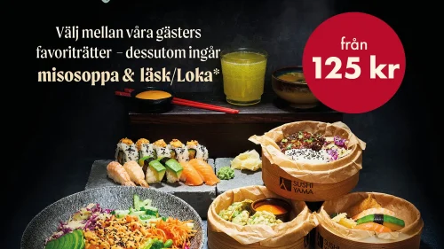 Yama Lunch - ett stort urval av prisreducerade favoriträtter tillsammans med misosoppa och valfri läsk/loka, smarrigt gott från 125 kr!