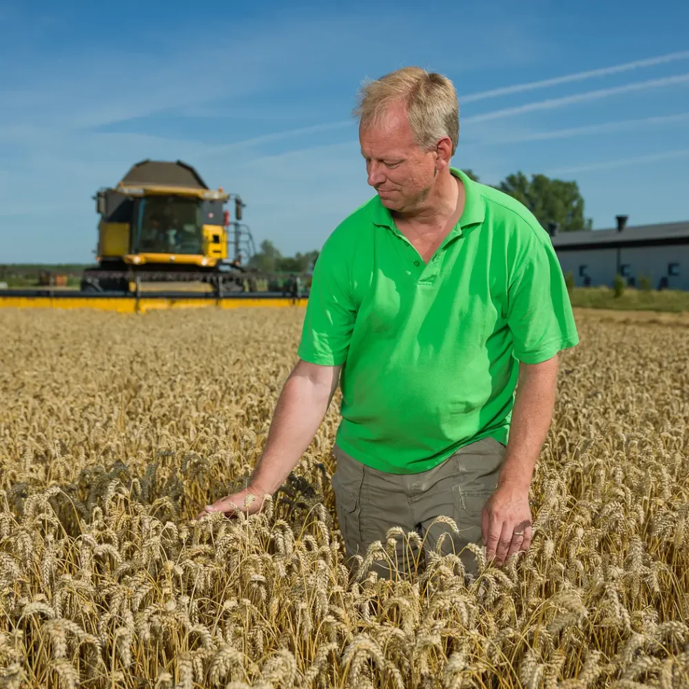 man står i ett havre fält