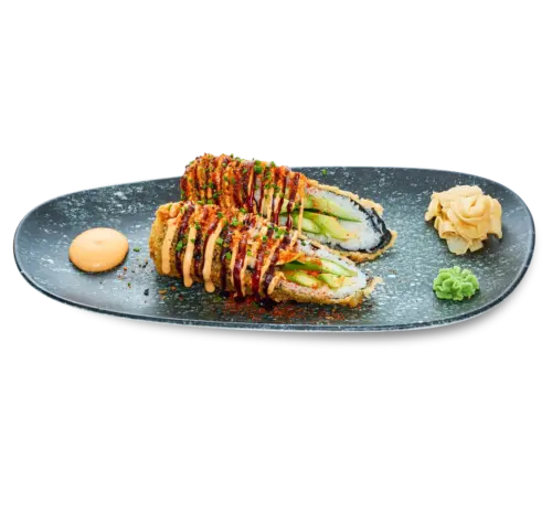 Burrito Roll Asparagus – Panerad och friterad Roll med sparris, gurka och avokado, täckt av Chili Mayo, Teriyakisås och Shichimikrydda. Ätes bäst med handskar.