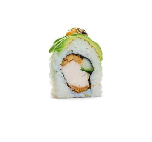 Tempura Dragon Chicken på Sushi Yama. Tempurafriterad kyckling och krispig gurka – toppad med avokado, chilimajonnäs, teriyakisås och Wasabi Crumble. Läckert och gott!