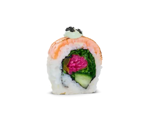 Norsk och hållbart odlad lax, koriander, jalapeño, picklad rödlök och krispig gurka rullad i sushiris och noriblad. Toppas med Flamed Salmon, Yuzu Wasabi Mayo, svarta sesamfrön.
